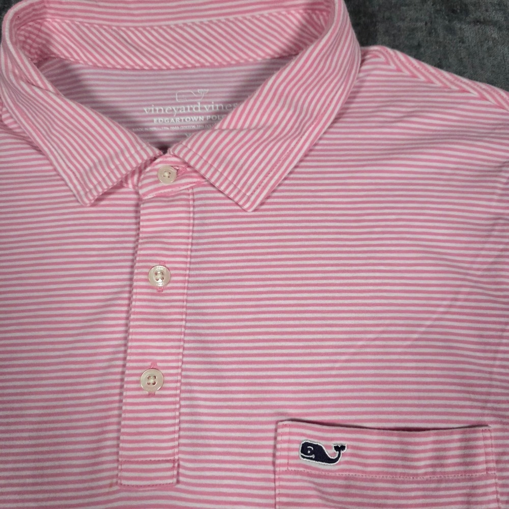 Vineyard Vines Mens Edgartown Polo Shirt XL Pink White Striped Whale Logo Pocket